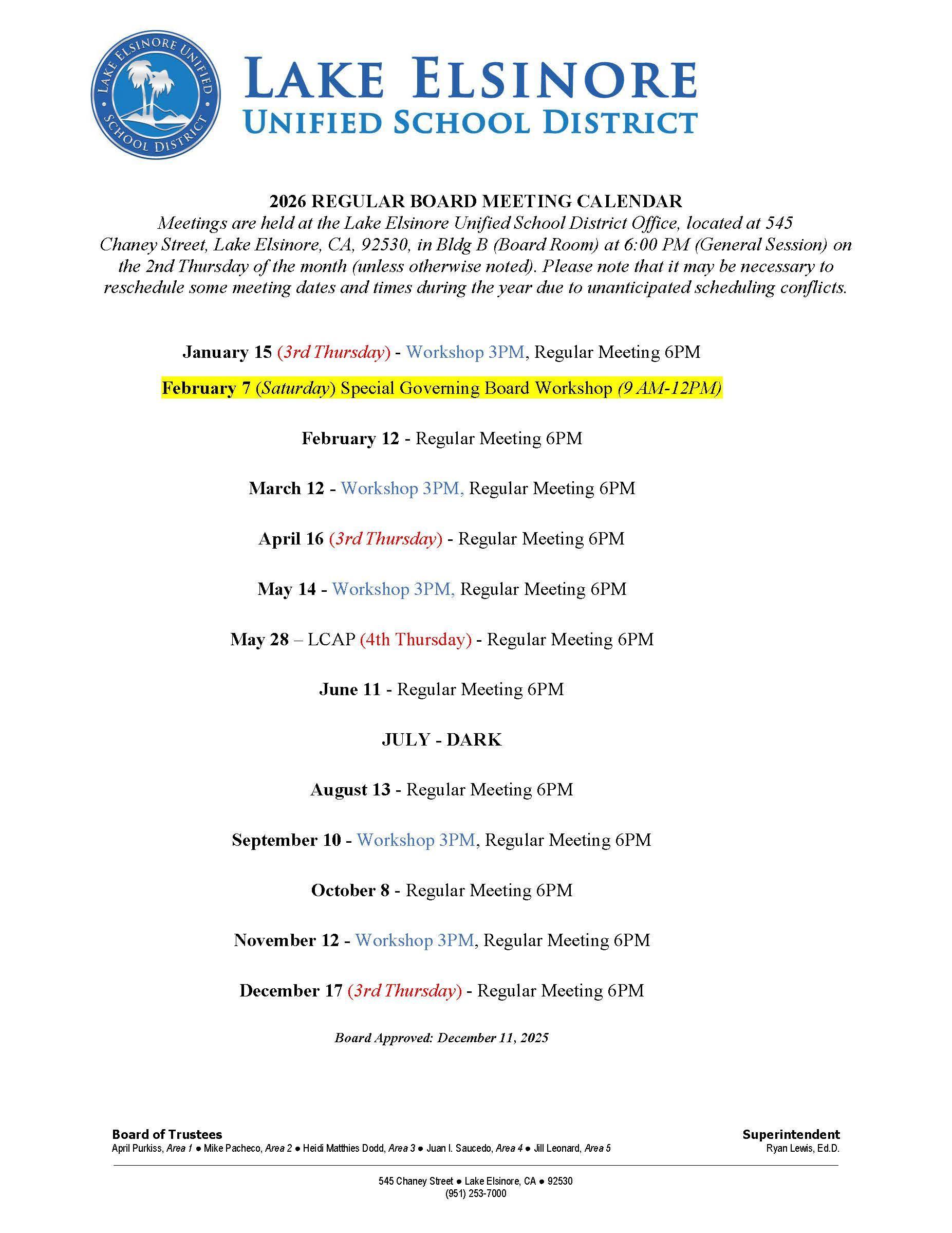 2026 Board Meeting Calendar