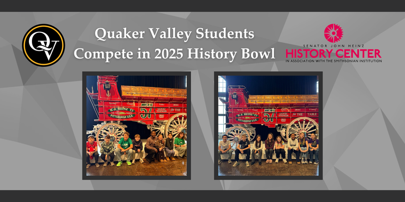 Photo depicts teams of students posing at the Heinz History Center and announces their participation in the Heinz History Bowl.
