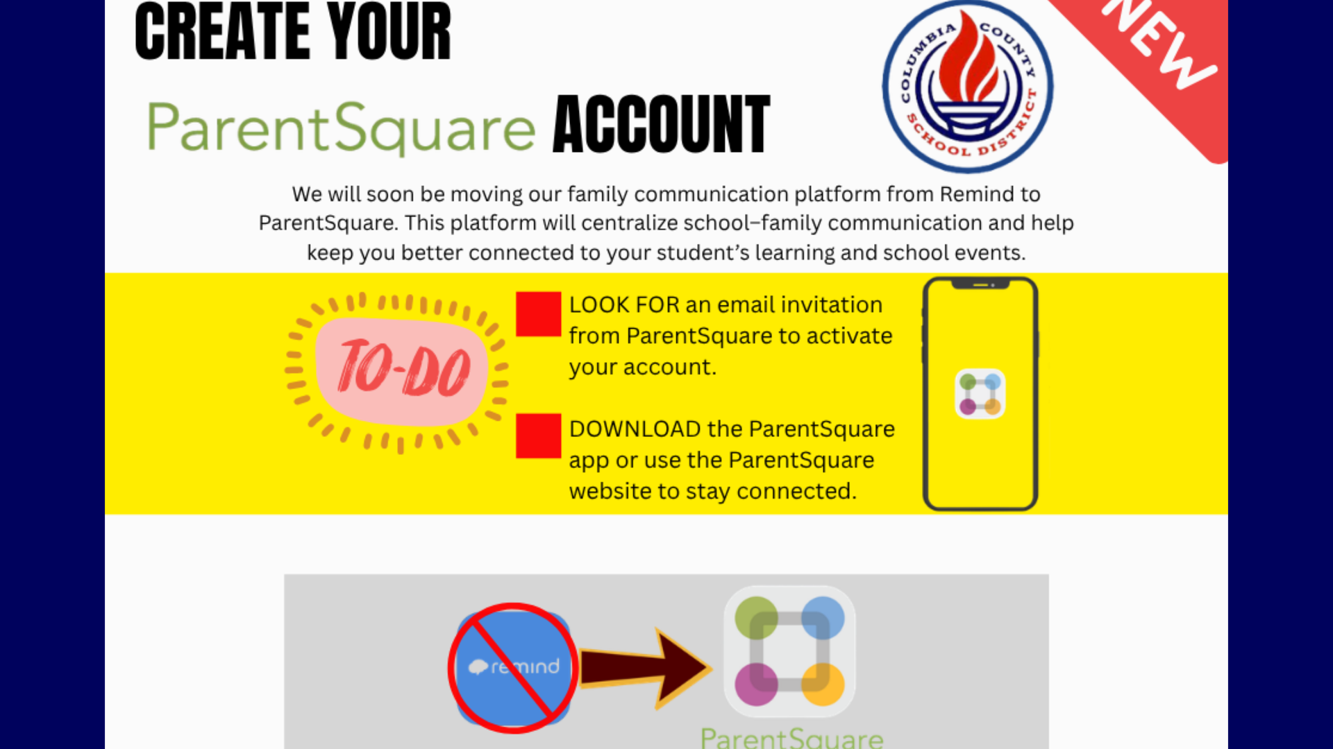 Announcement for creating a ParentSquare account with instructions and visuals.