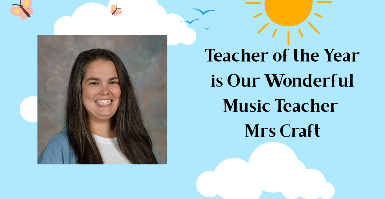 A smiling woman in a light blue jacket alongside the text celebrating her as Teacher of the Year.