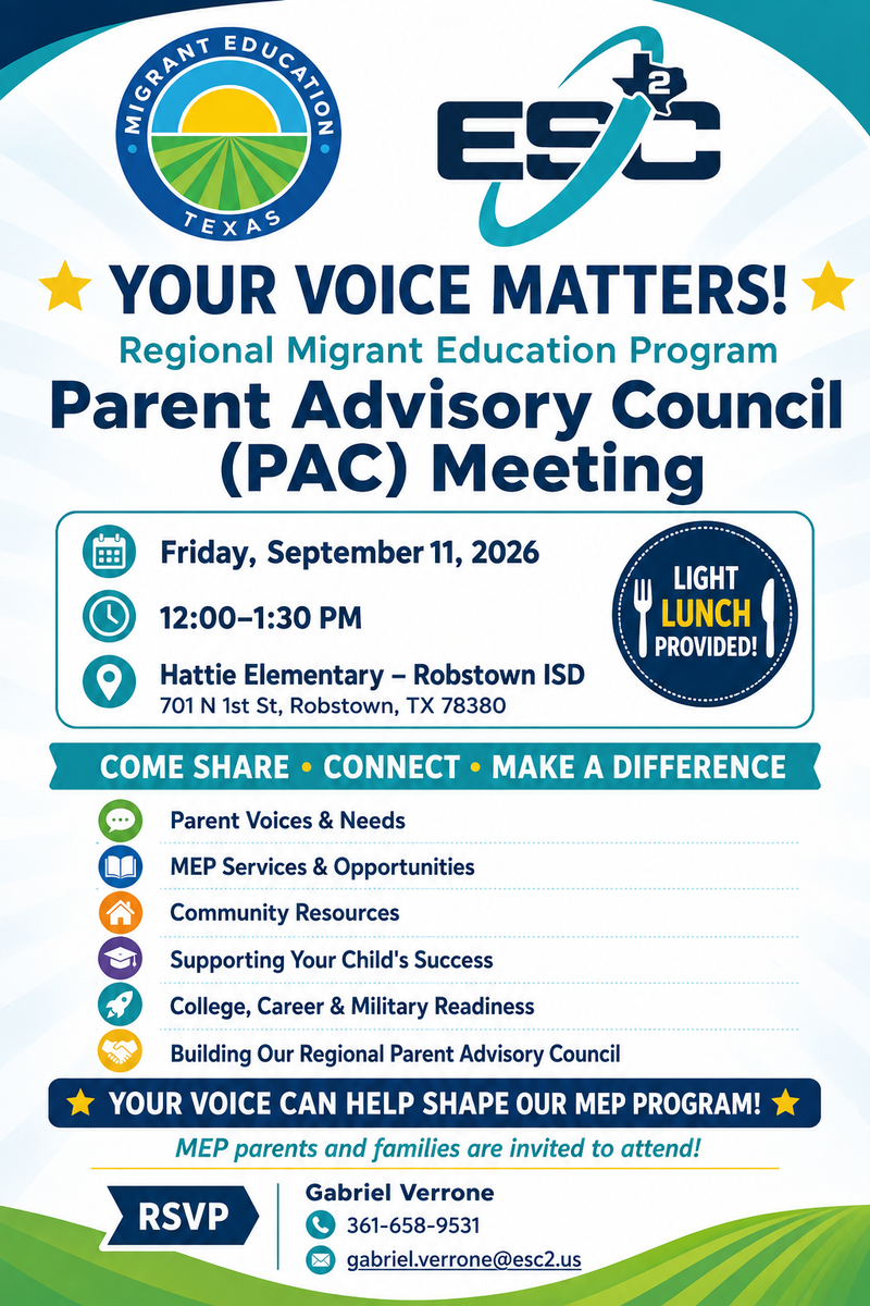ESC 2 and Migrant Education Program Invite Families to a Parent Advisory Council Meeting Featured Photo