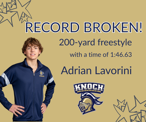 boy swimmer beside graphics announcing his broken record