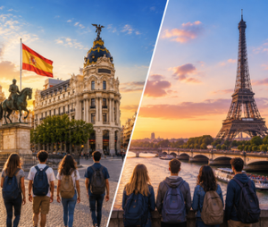 Split image of students in Madrid and Paris