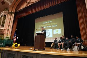 Stage with awards presentation for athletic banquet at Washington Irving Campus.