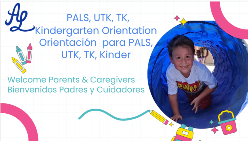 First slide of the Kinder/TK Orientation Google slide show. Features young student crawling through blue play tunnel.