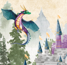 A colorful dragon flies in front of a castle