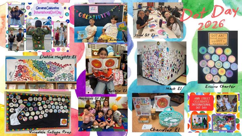 A collage of students and their art designs for Dot Day