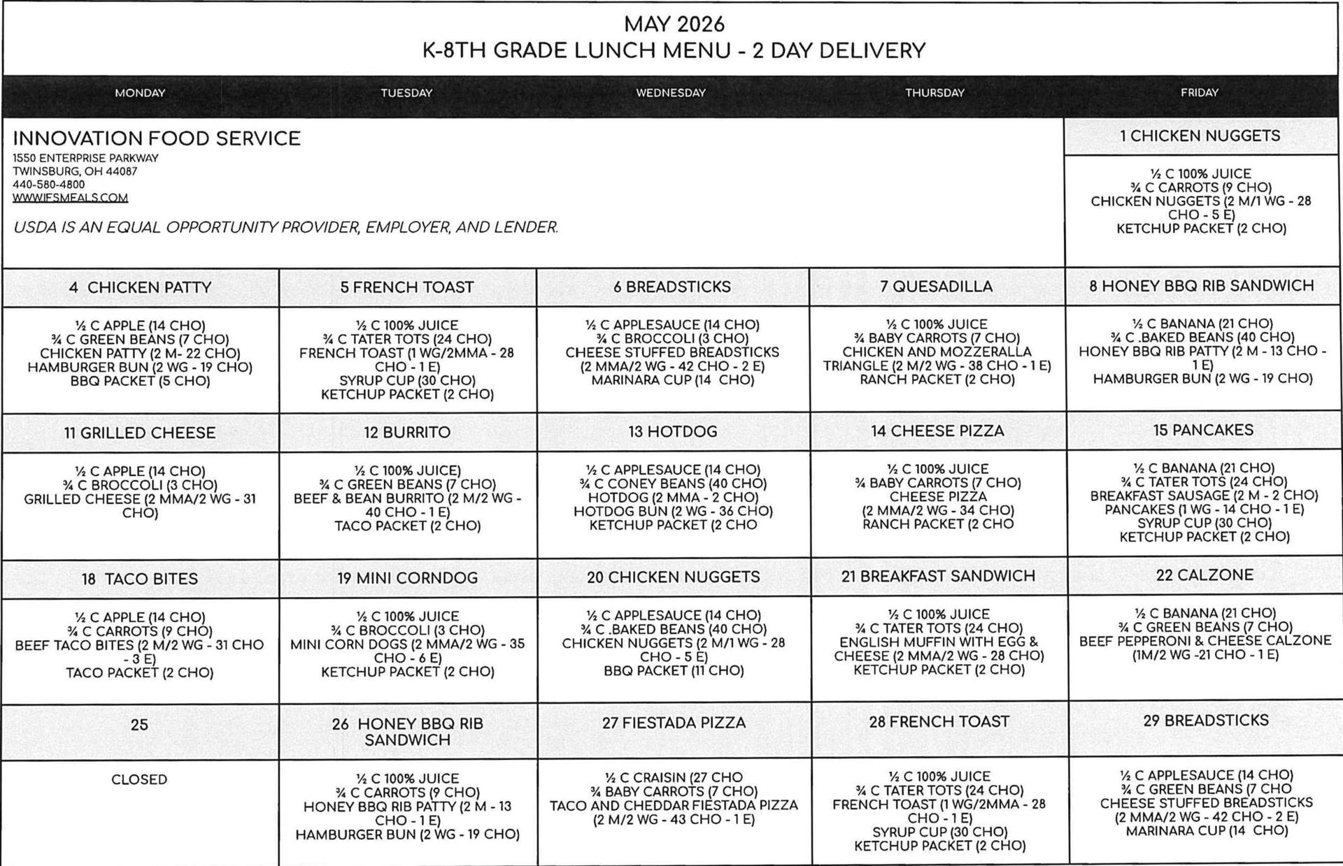 K-8 2 DAY LUNCH MAY1