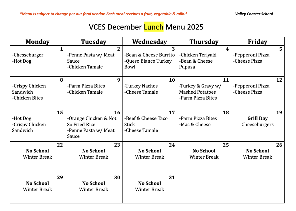 valley charter elementary school monthly lunch menu