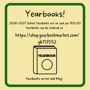 yellow background with green border announcing yearbooks are on sale for $25