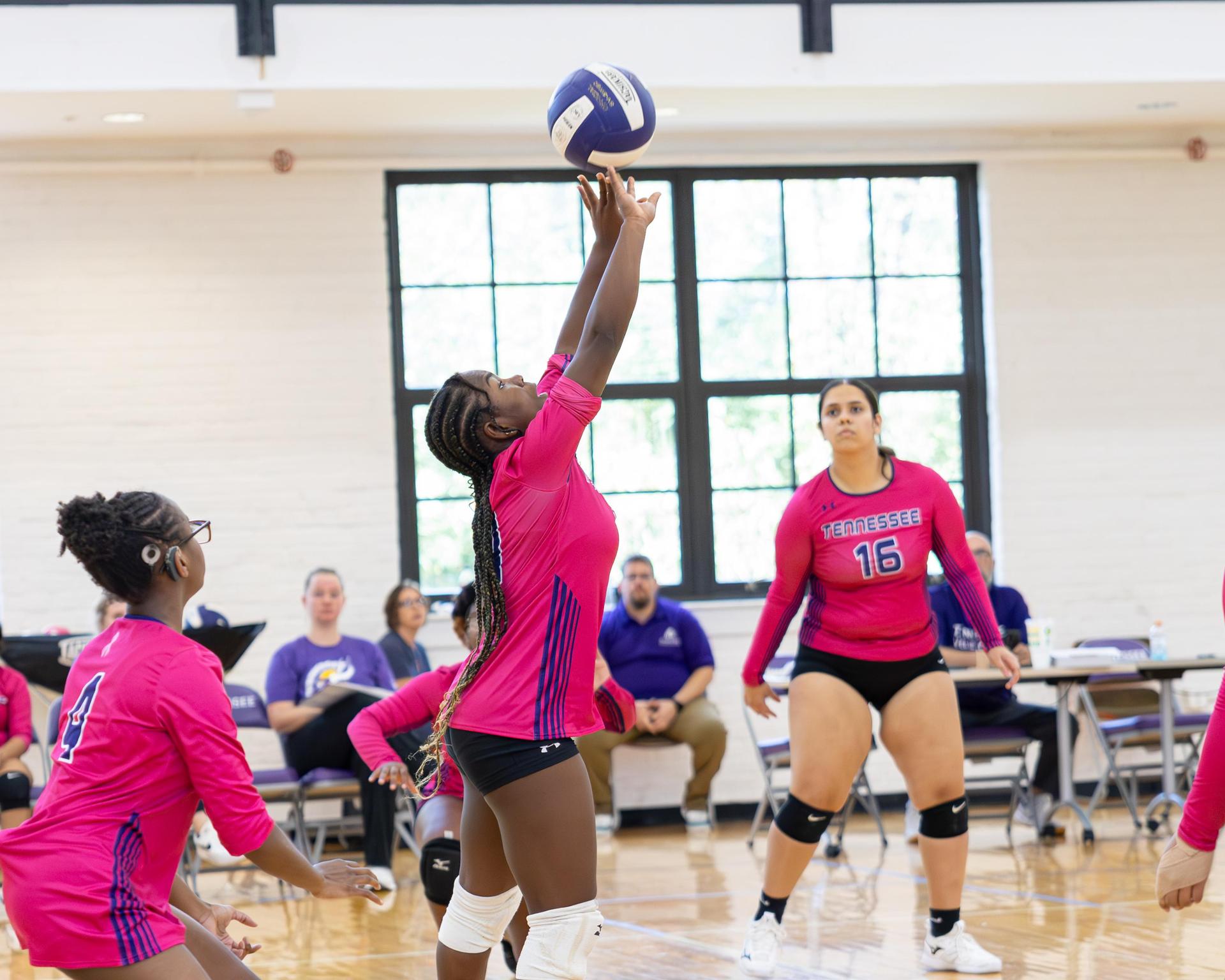 A volleyball player in pink prepares to set the ball while teammates observe in a gym.