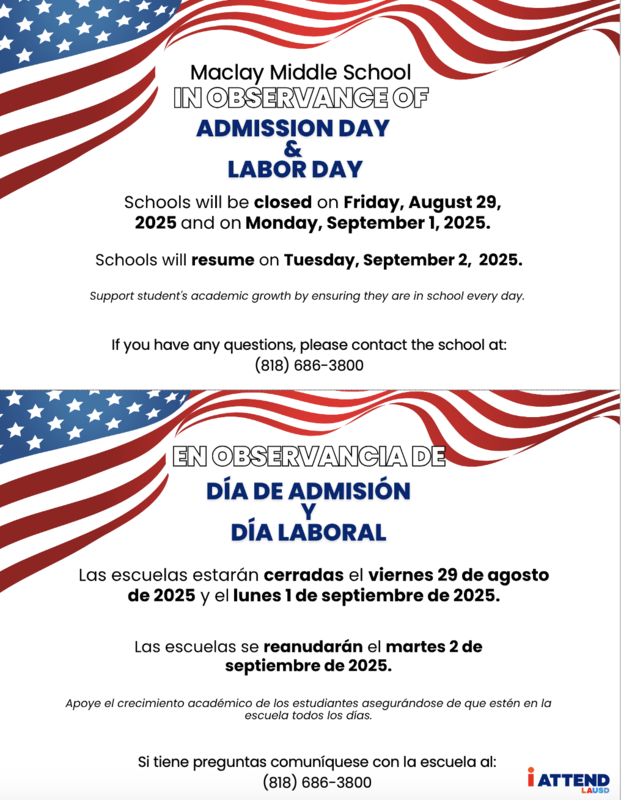 Admissions Day / Labor Day No School Flier
