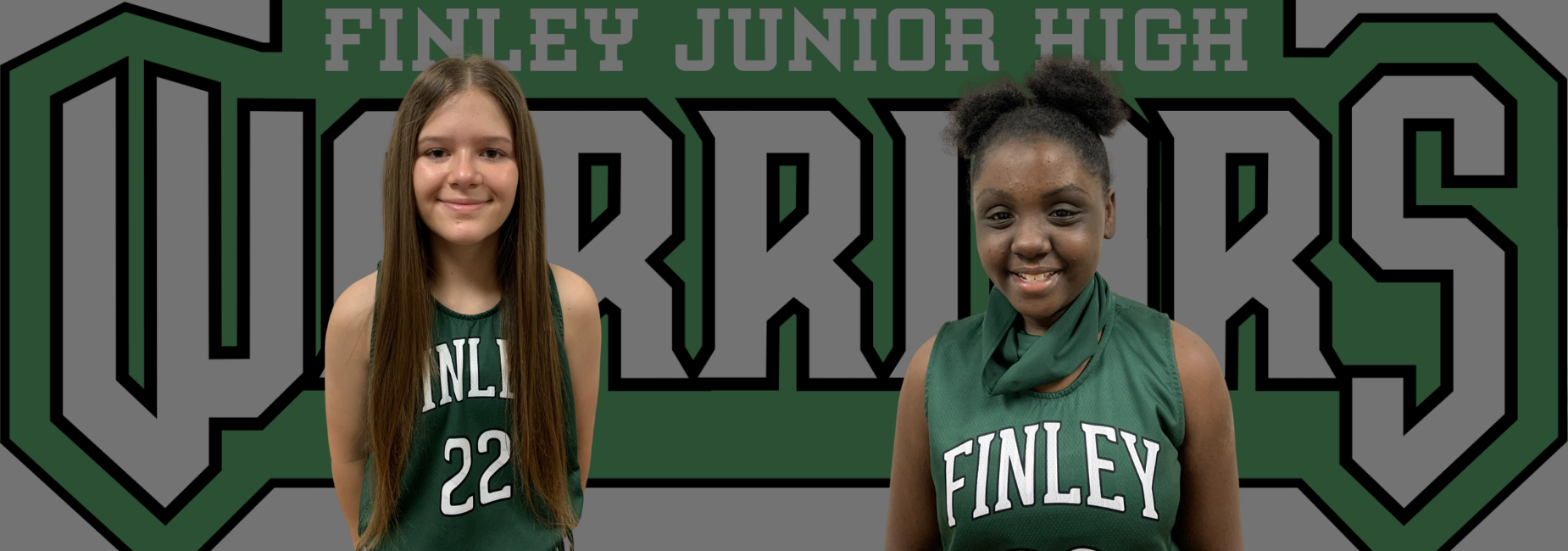 2 girls in their basketball uniforms before the school logo