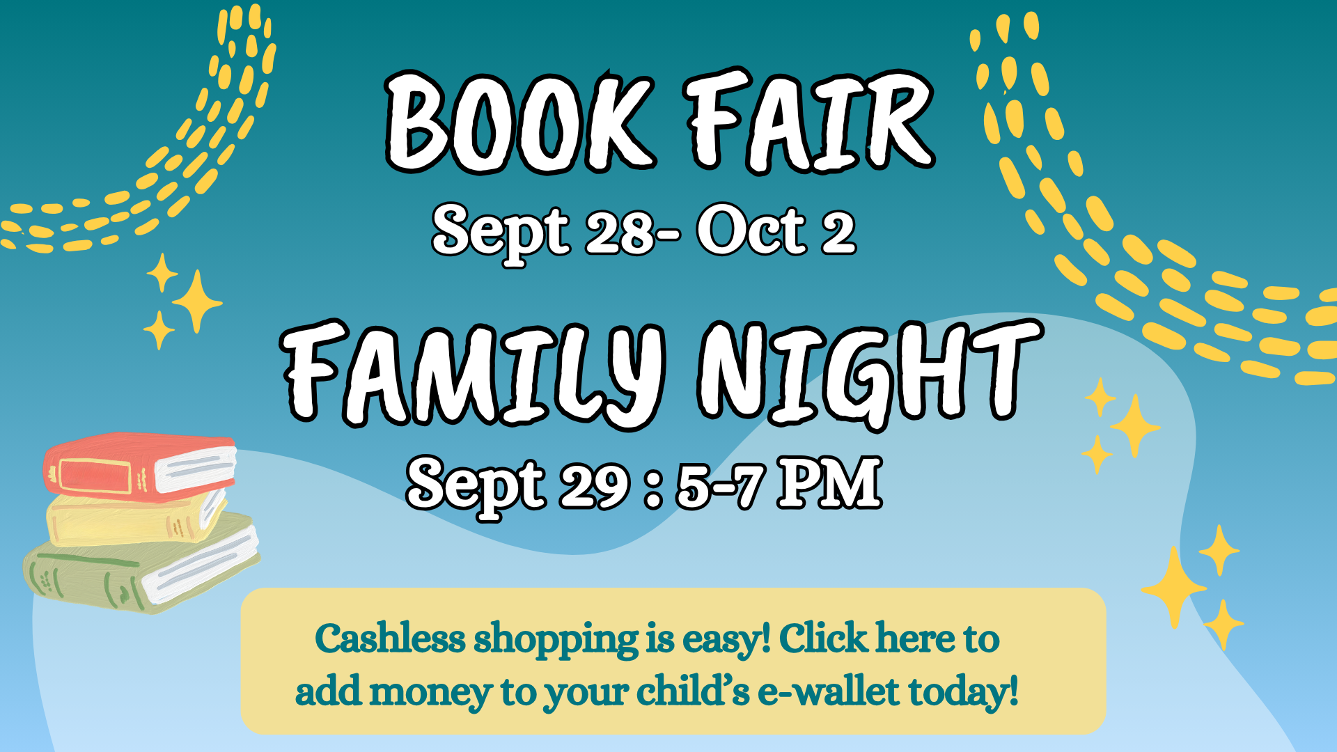 Announcement for a book fair and family night with details and visual elements.