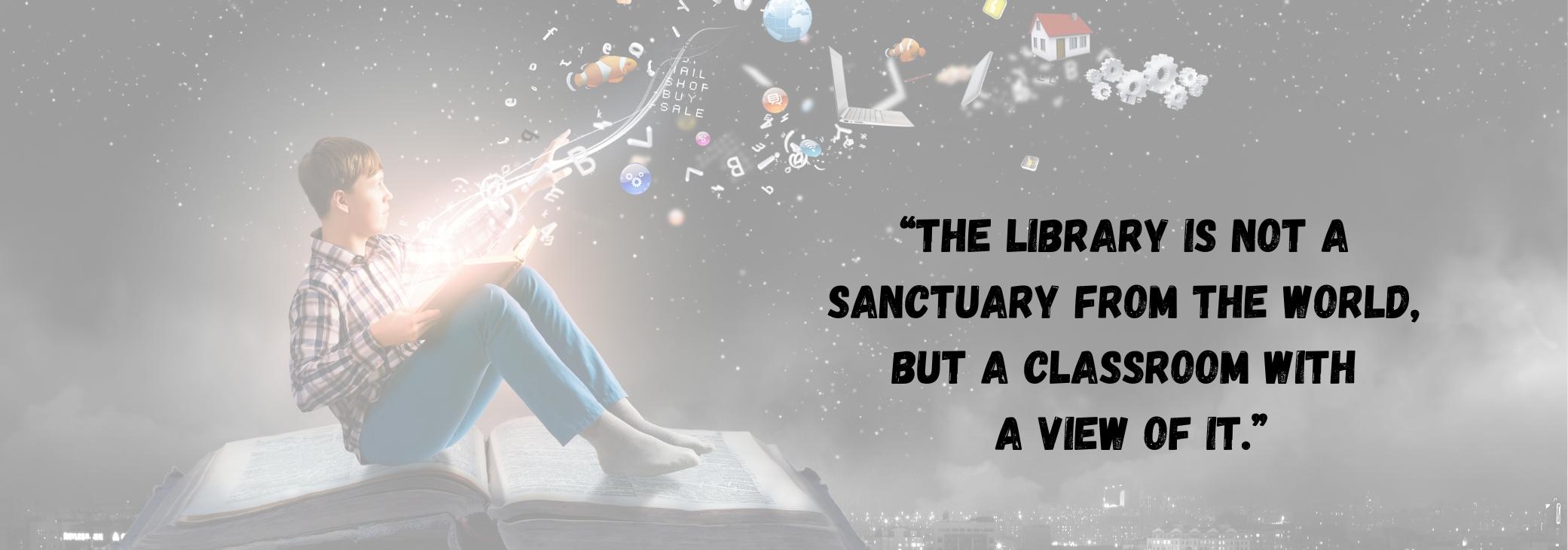 boy reading a book with all kinds of things coming out of the book, like a house, planets, equations