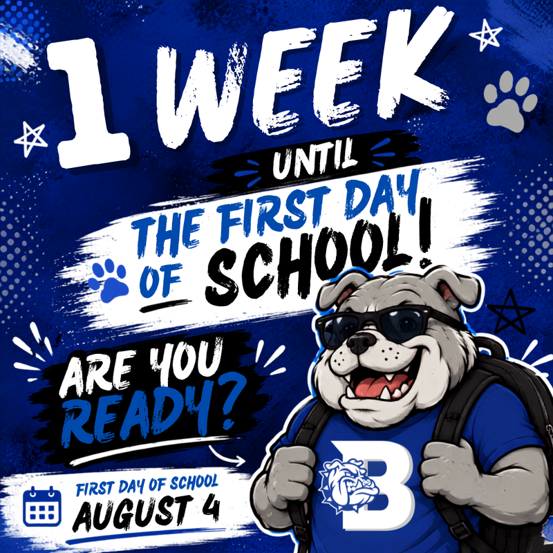 blue background with bulldog countdown to school