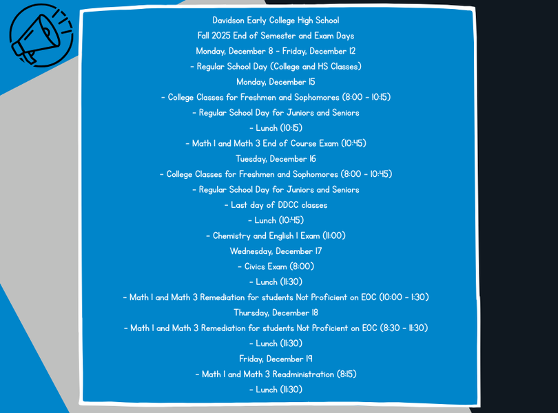 Exam schedule for end of fall semester