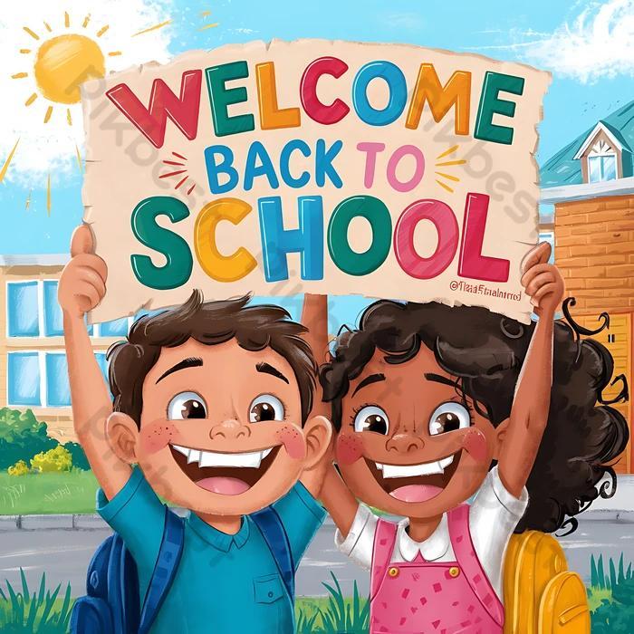 Illustration of a red schoolhouse with a bell tower, blue-trimmed windows, and two green trees under a sunny sky, with a white welcome banner reading 'Welcome back, Attala students!'