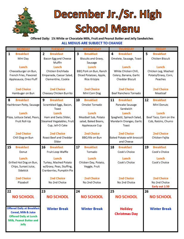MJSHS December Lunch Menu Featured Photo