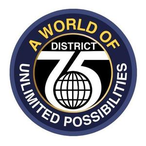 District 75 circle logo with dark blue, white, and gold text