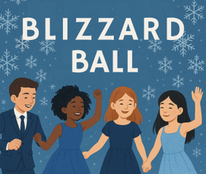 Blizzard Ball with four illustrated students dancing and white snowflakes