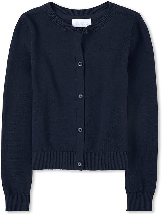 Navy blue cardigan with round neckline and button closure.