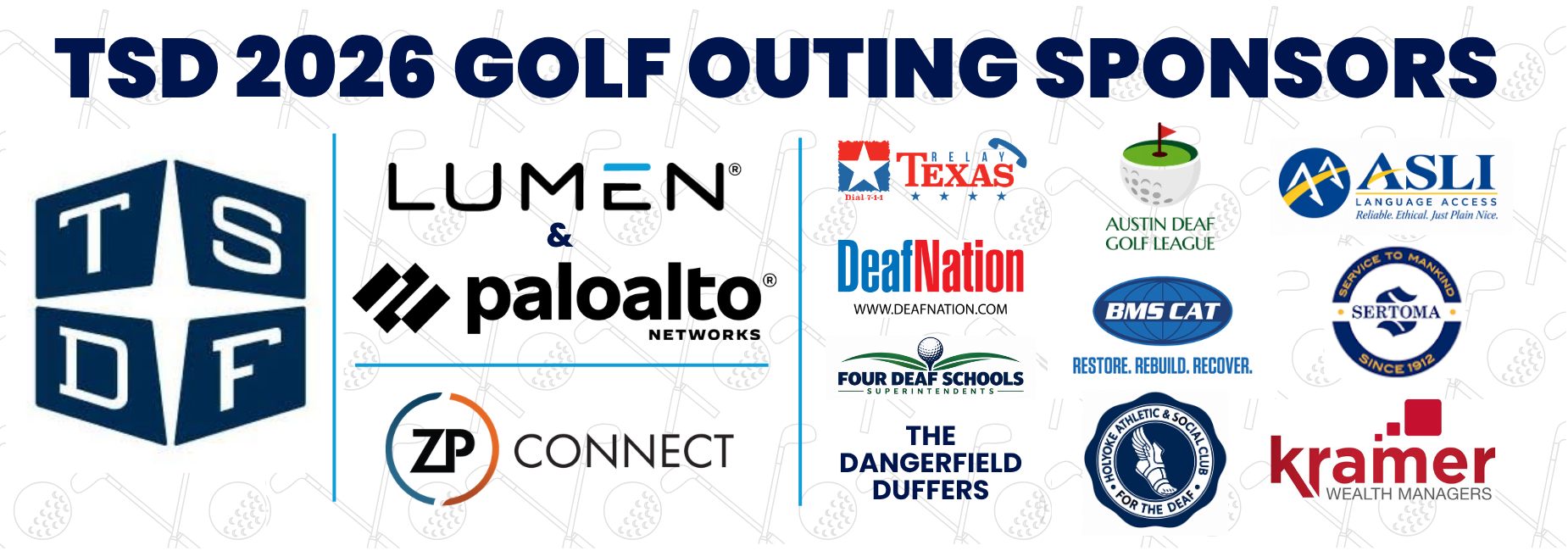 Logos of sponsors for the TSD 2026 Golf Outing with a golf-themed background.