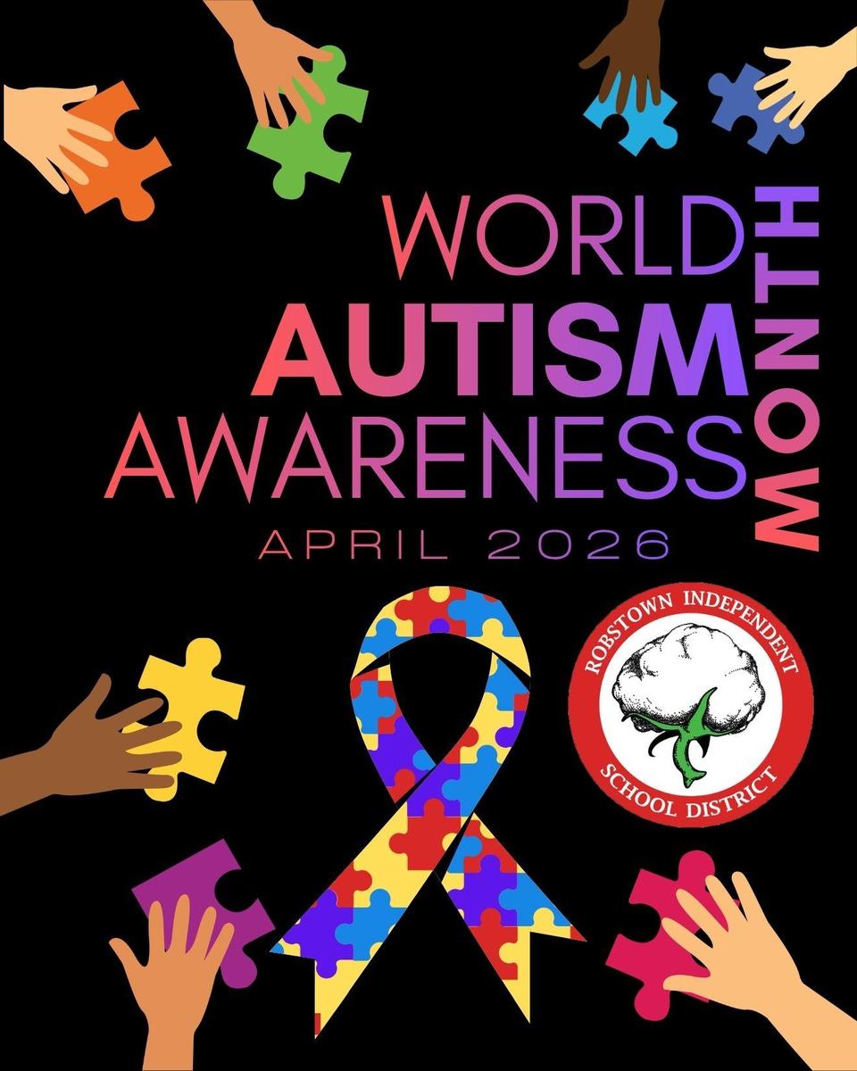 Colorful design for World Autism Month featuring puzzle pieces and hands.