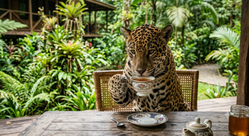 Jaguar sipping tea from a cup.