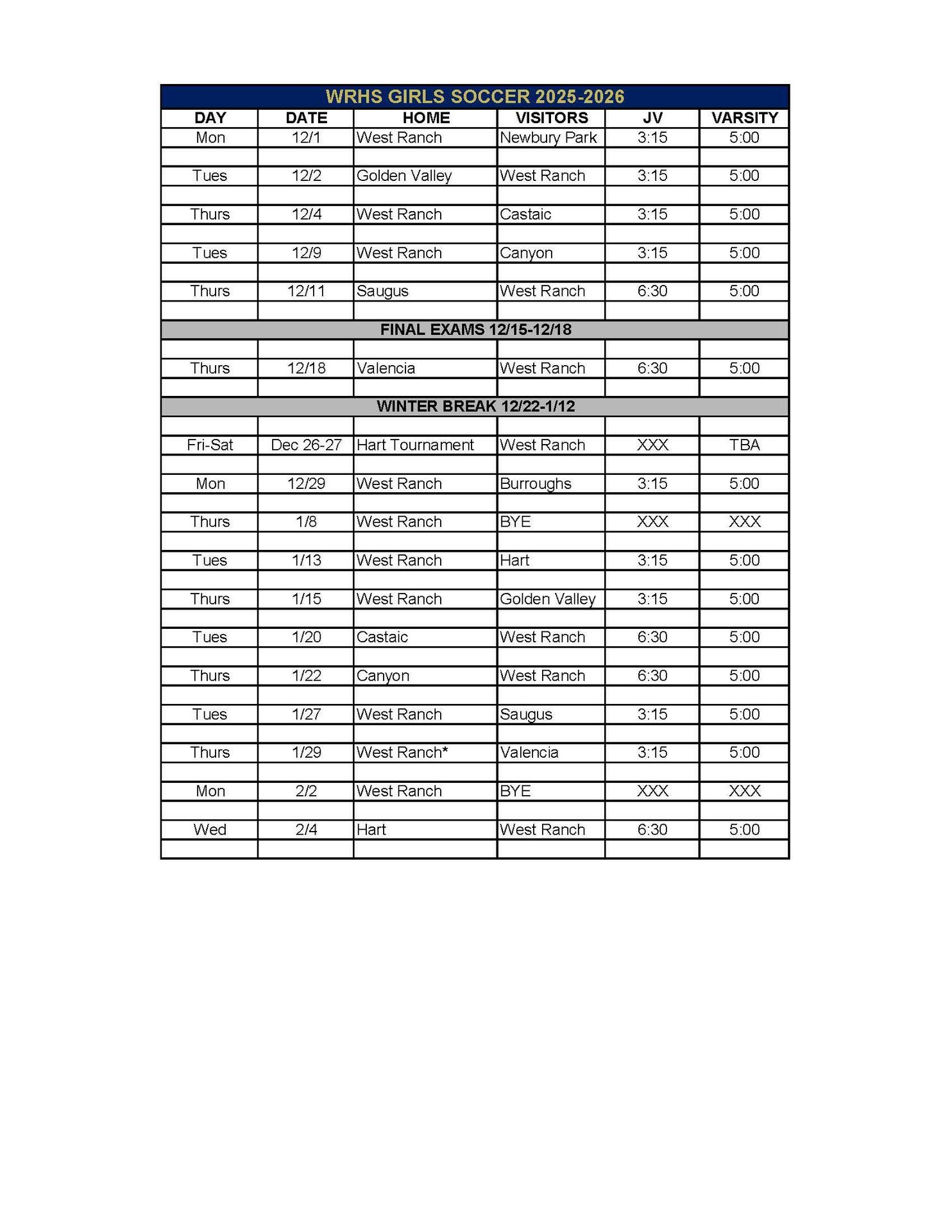 Girls Soccer Schedule