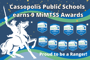 Rider on a horse celebrates Cassopolis Public Schools' 9 MiMTSS Awards.