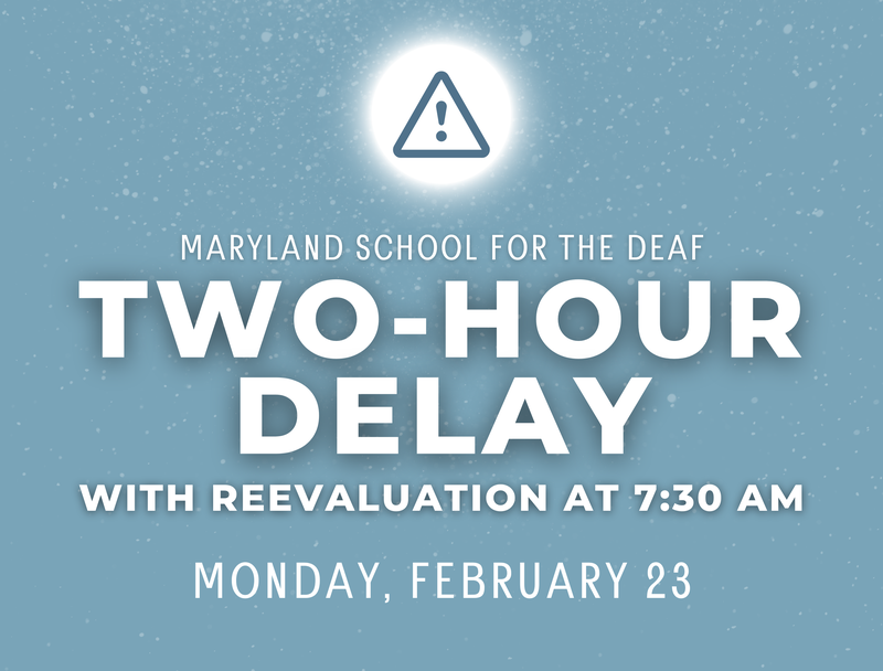 Graphic announcing Two-Hour Delay for Monday, Feb. 23