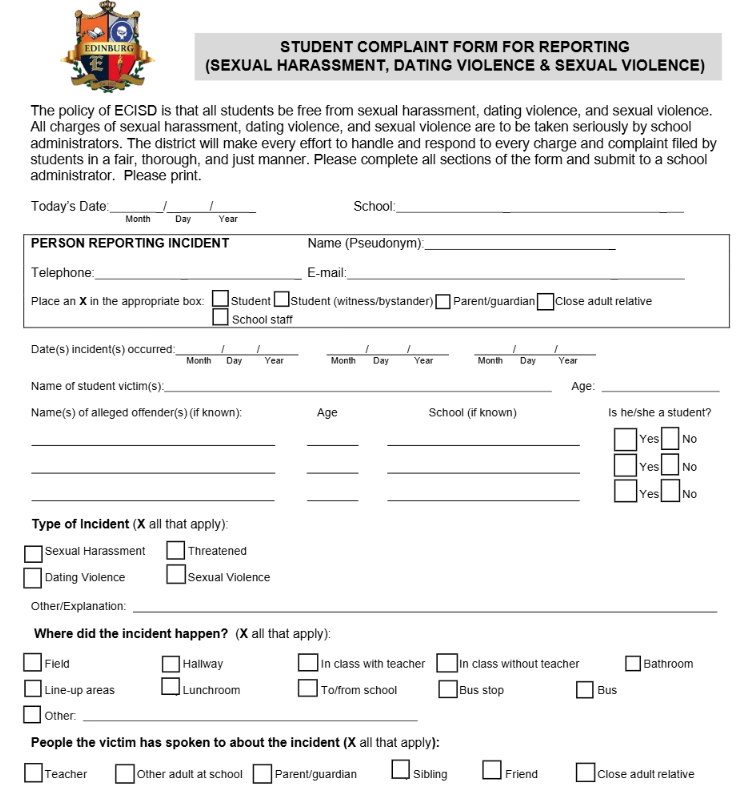 Teen Dating Violence Complaint Form
