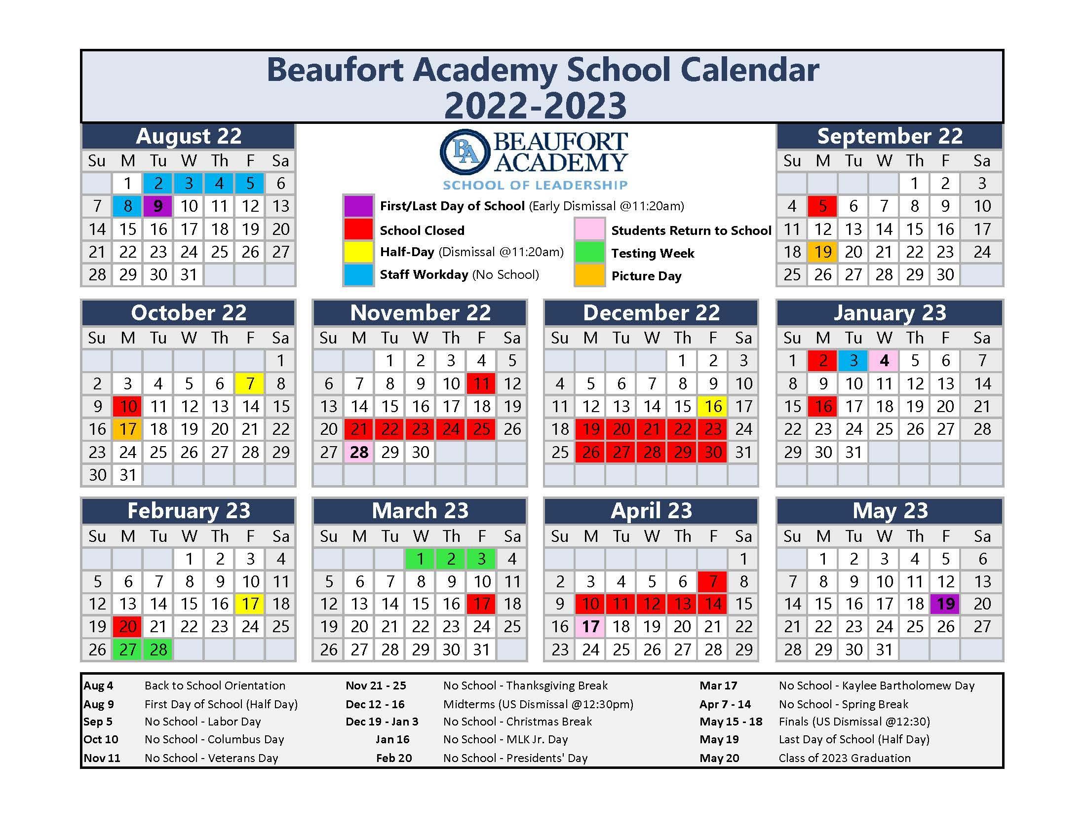 School Calendar – BA Families – Beaufort Academy