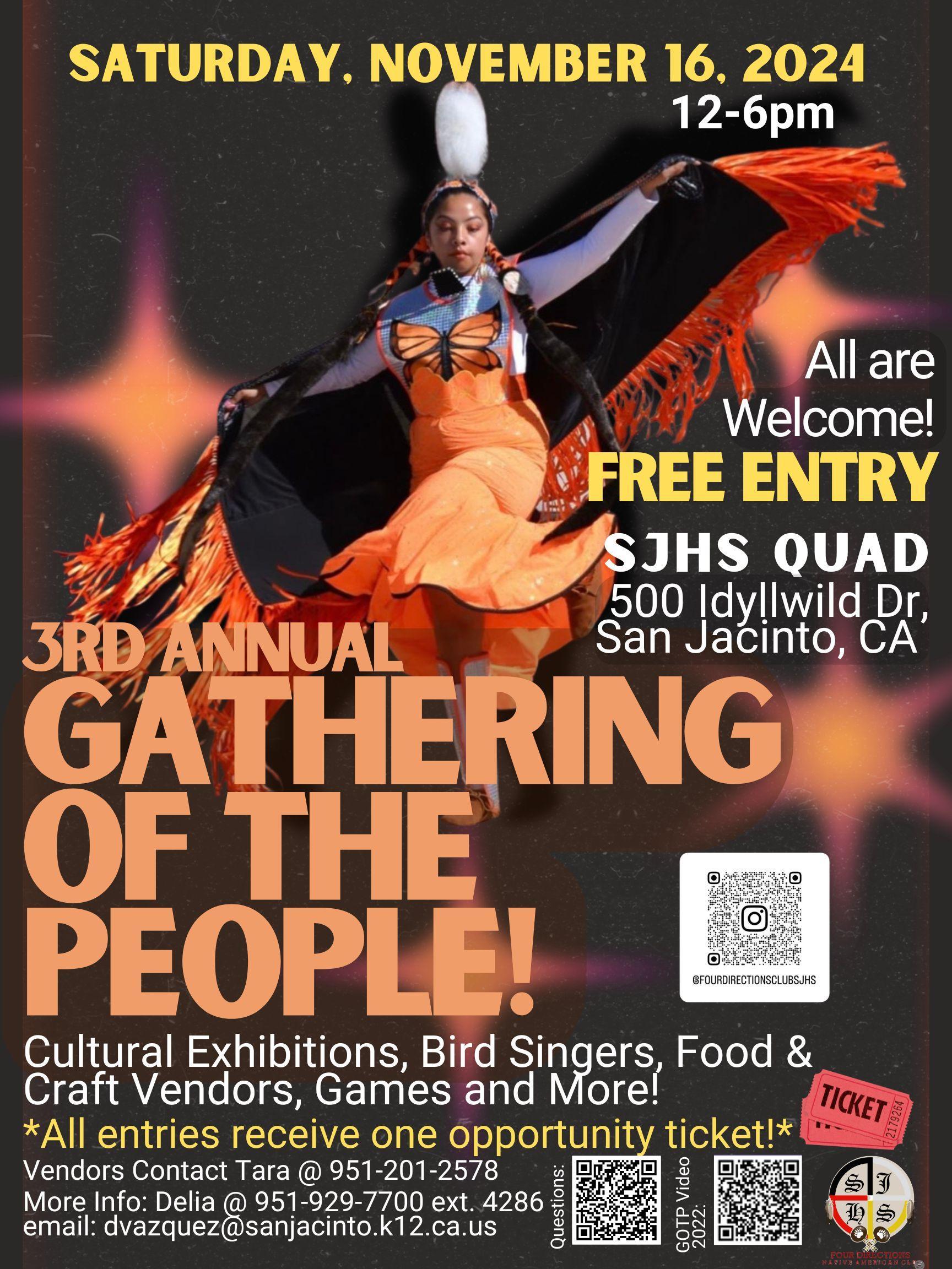 Gathering of the People Flier- Fancy Shawl Dancer on black background.