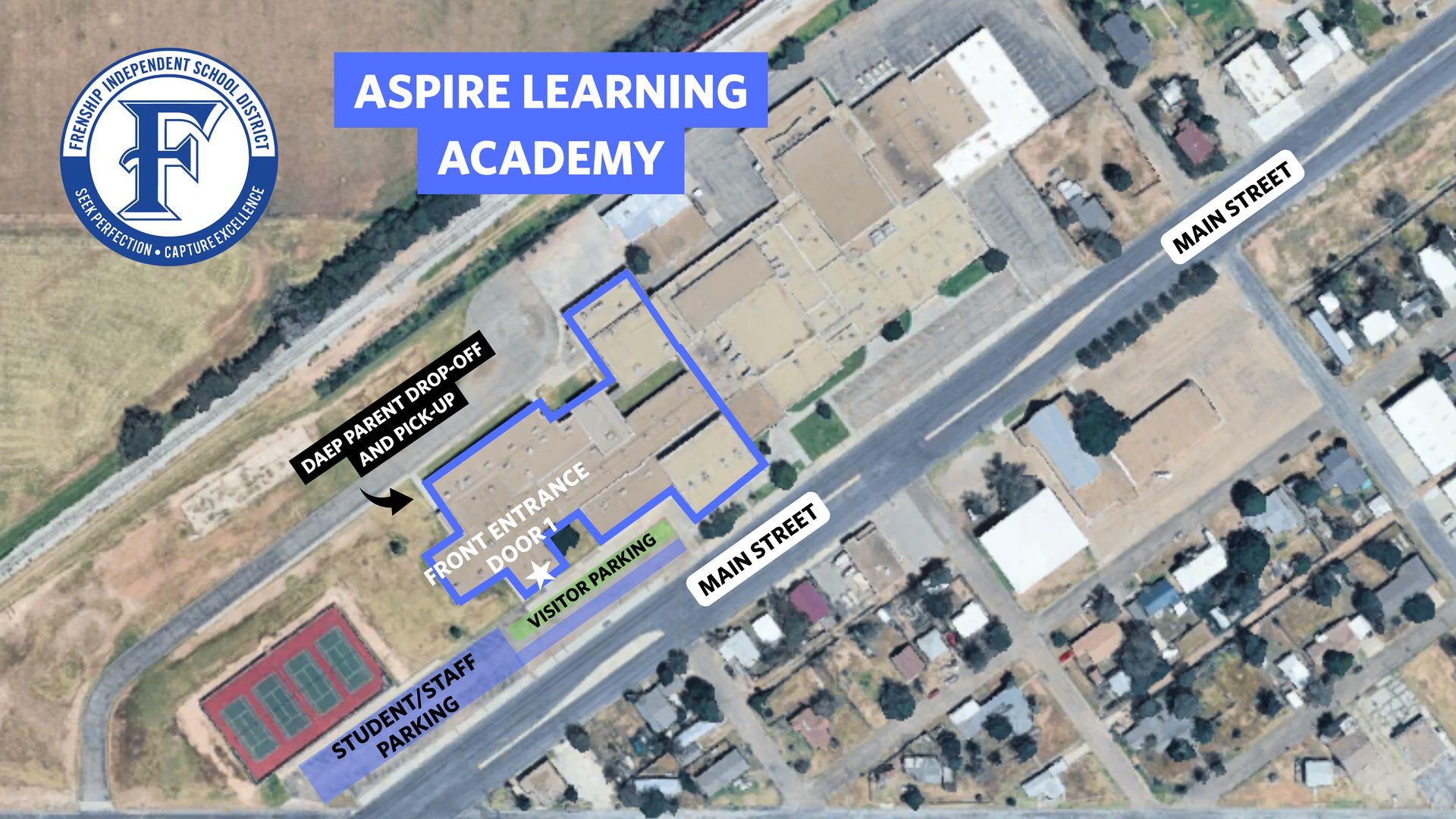 DAEP parent drop-off/pick-up at back of the building (northwest side).  If a DAEP student is dropped off after school starts, they are to be dropped off at the Front Entrance (Door 1, southwest side).
