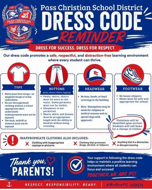 Dress Code Reminders: Administrators have been asked to follow and enforce the dress code as stated in each school’s board approved handbook.