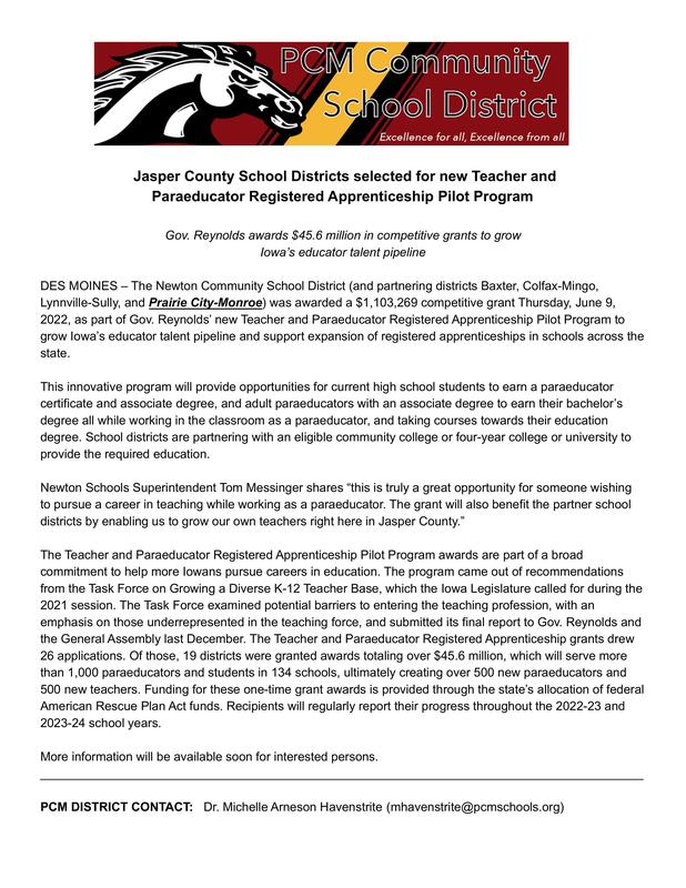 Superintendent Message Prairie City Monroe Community School District