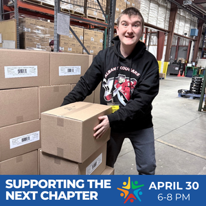 boy lifting boxes. image has event name and date on it