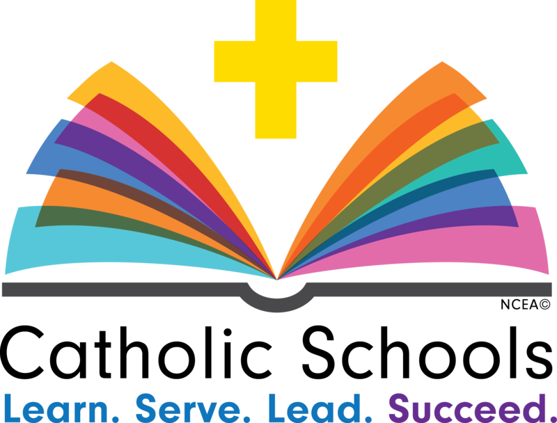 Image of open book with colorful pages. Text reads Catholic Schools - Learn, Serve, Lead, Succeed.