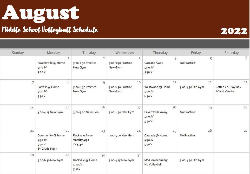 Calendar MS Volleyball Eagleville School