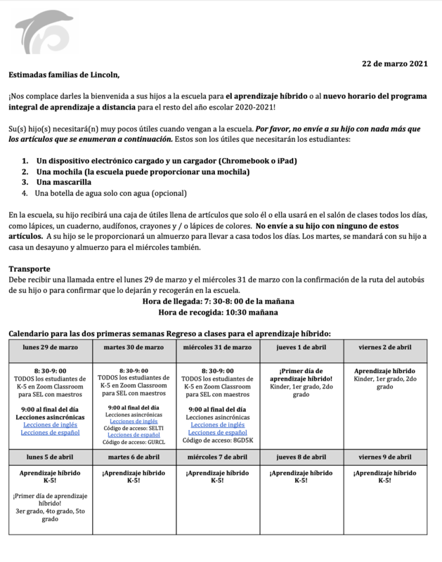 Primaria Lincoln - Nuevos horarios para el aprendizaje a distancia híbrido e integral Featured Photo