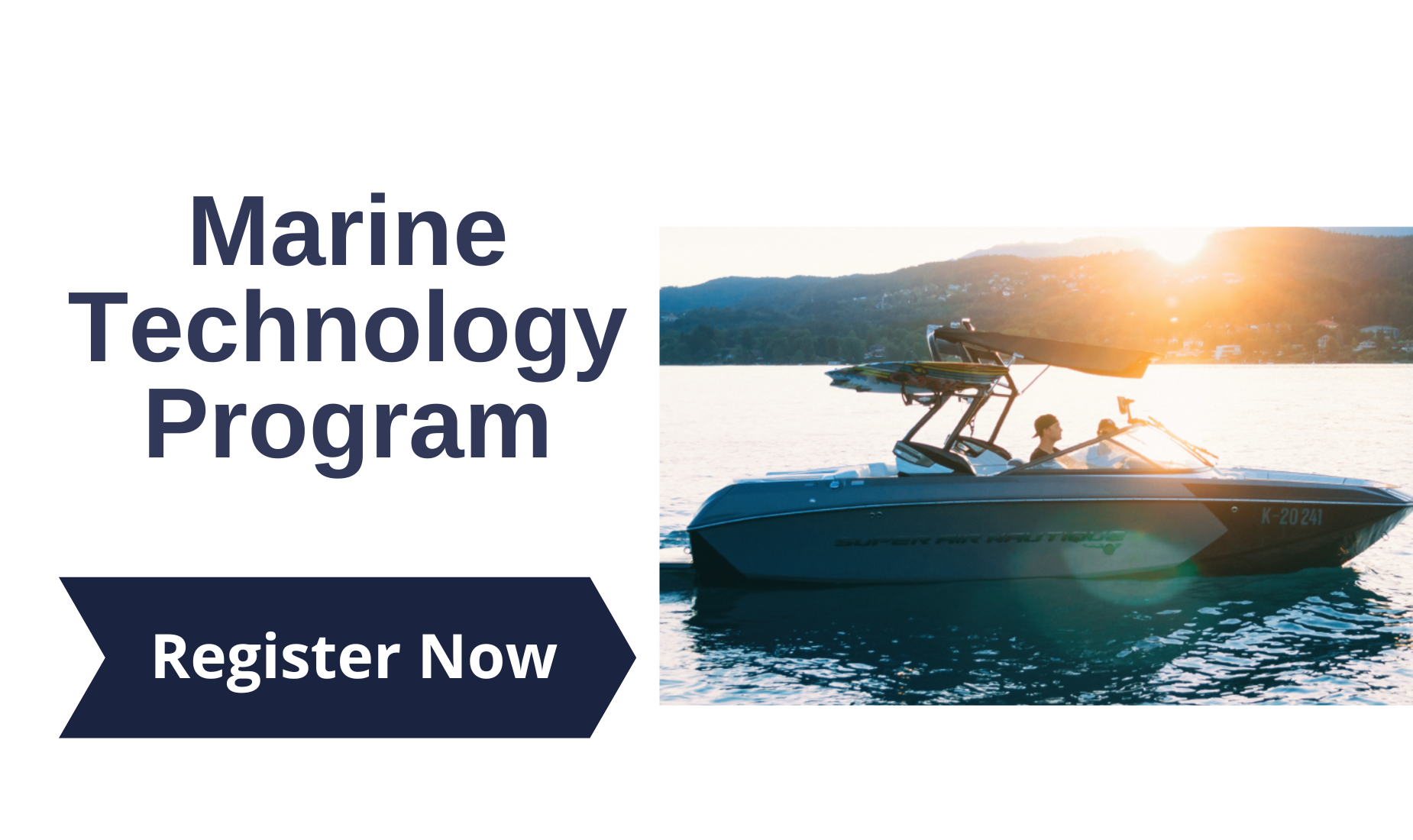 A boat with two people on water, beside text about a marine technology program.