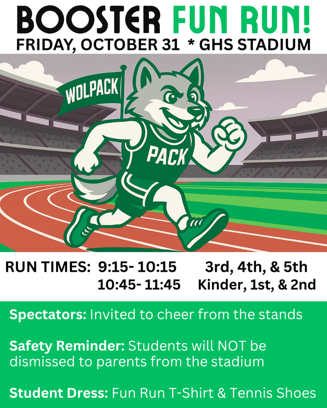 A cartoon wolf character running on a track with event details for a fun run.