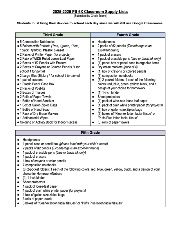 Suggested School Supply List For Students in Grades 3 through 5.
