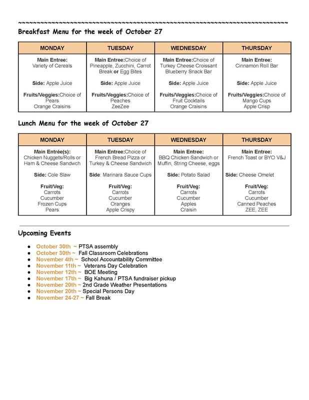 Weekly menu for breakfast and lunch with assorted food items and events listed.