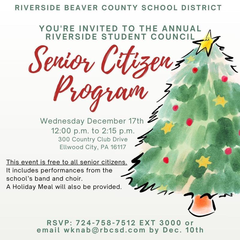 An invitation featuring words and a holiday tree, inviting people to join us for a holiday program