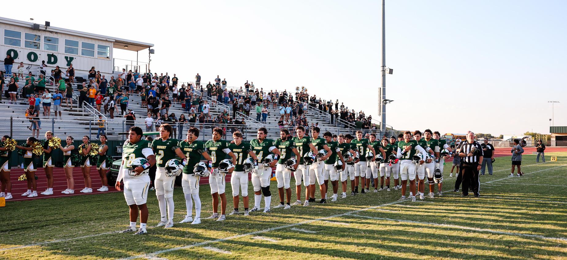 Football players lined up on the field with spectators in the stands.