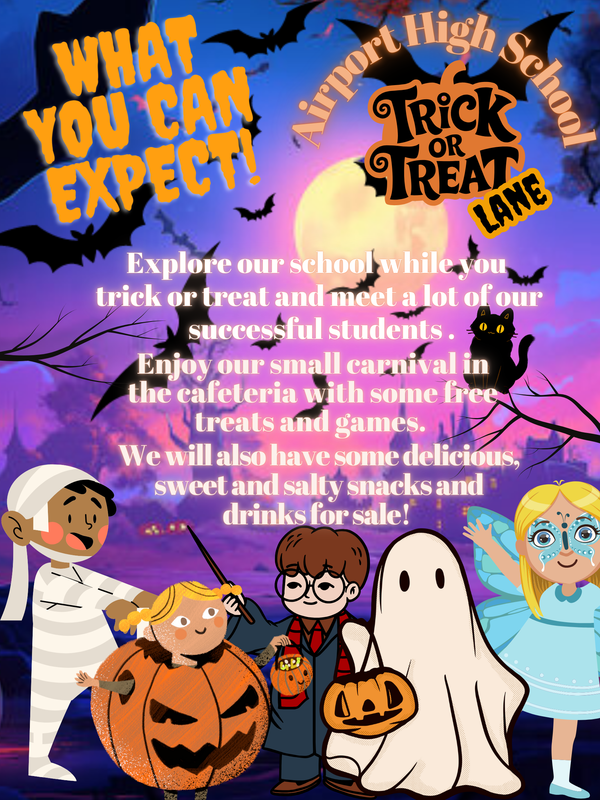 An illustration with costumed trick or treaters and details about some activities at the event