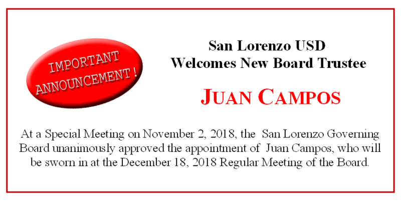 San Lorenzo Board of Education Appoints Juan Campos to the Governance Team Featured Photo